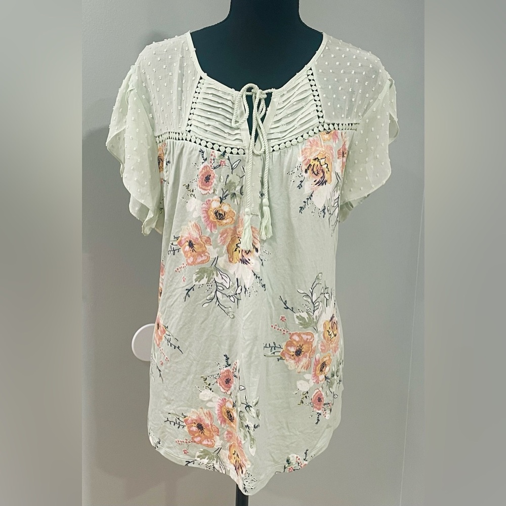 Floral Blouse with Tie Tassels - Mint Green